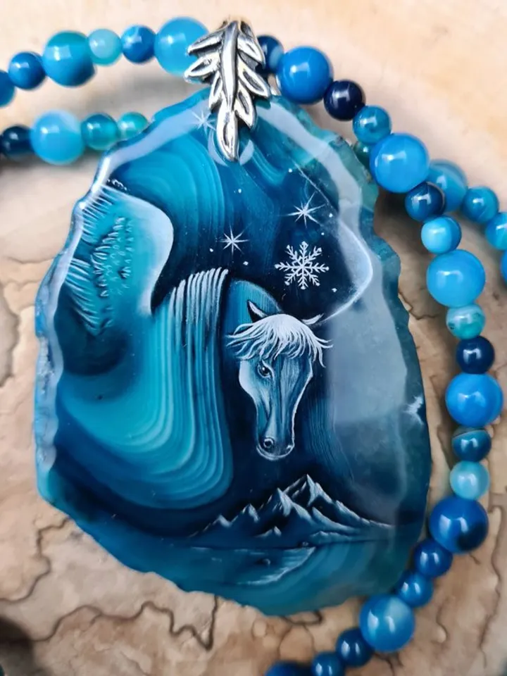 Snow horse necklace Jewelry Hand painted on blue agate miniature painting