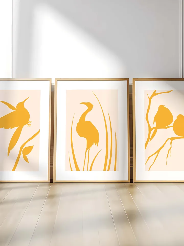 Minimalist Bird Wall Art Boho Bird Poster Abstract Nature Silhouettes Modern Yellow Decor Scandinavian Style Contemporary Bird Digital Art
