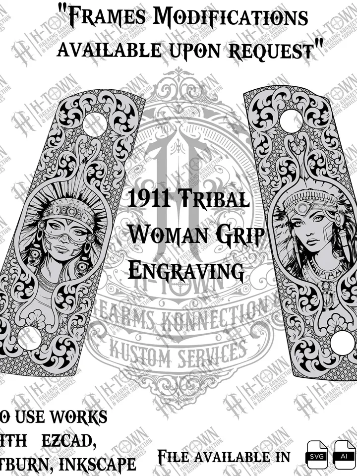 Colt 1911 Grip Tribal Woman Engraving Design: Laser Cut Vector (Digital Download