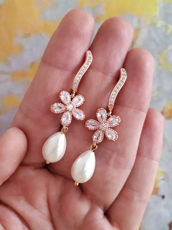 Diamond Rose Gold Floral Wedding Earrings, Teardrop Bridal Earrings, Vintage Style Wedding Jewelry, Chandelier Statement Earrings, Jewellery