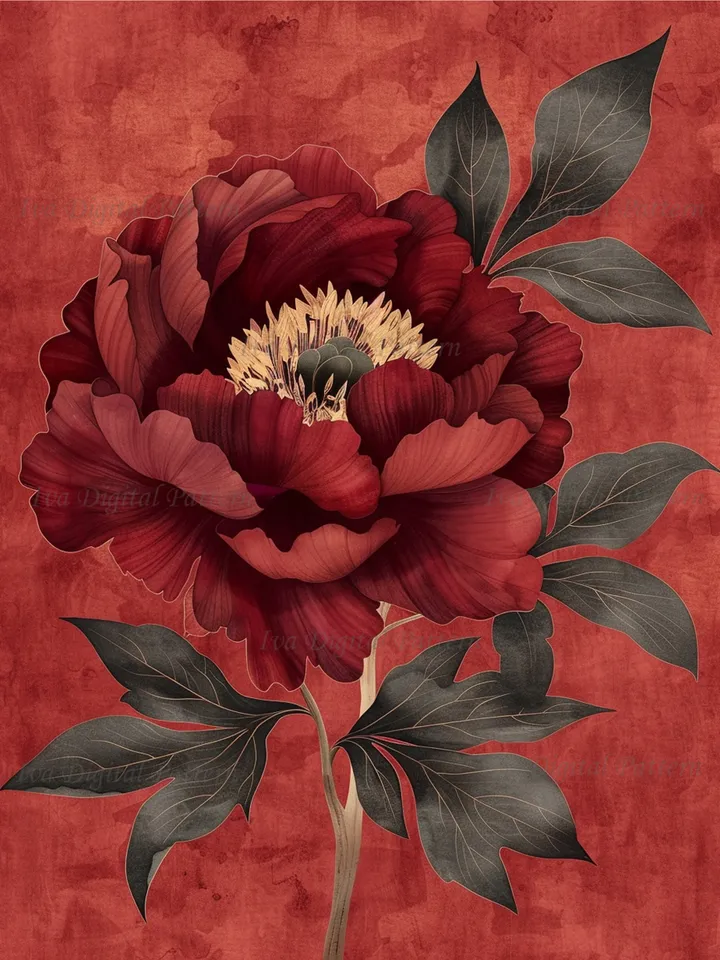 Digital burgundy red peony flower Art Print chinese painting  , Modern Wall Art Decor, Digital Prints, Instant Download AI