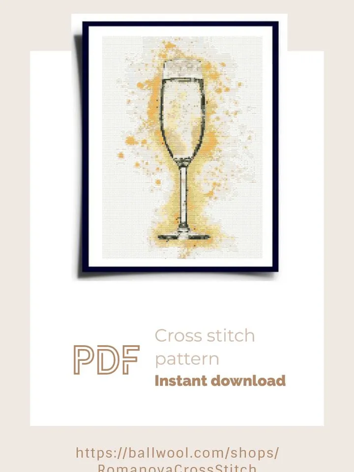 A glass of champagne cross stitch PDF pattern, Watercolor embroidery design, Instant download