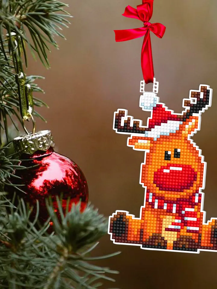 Christmas reindeer cross stitch pattern PDF download Double-sided Christmas tree decor for plastic canvas Small deer cross stitch chart #N99