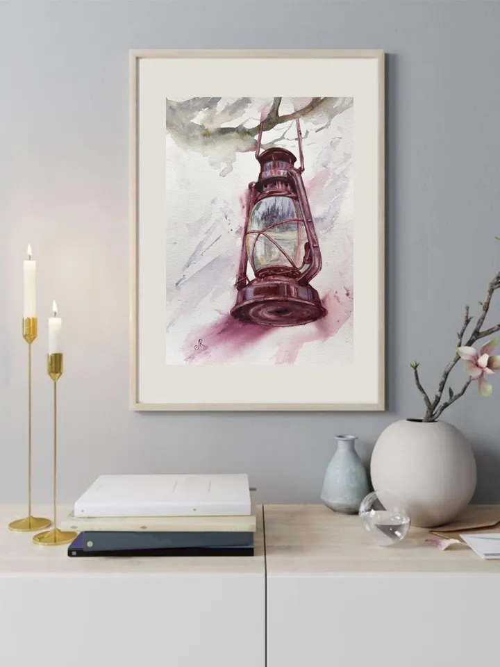 Lantern Painting Street Lamp Painting Cityscape Original Vintage Lantern Old Lamp Painting