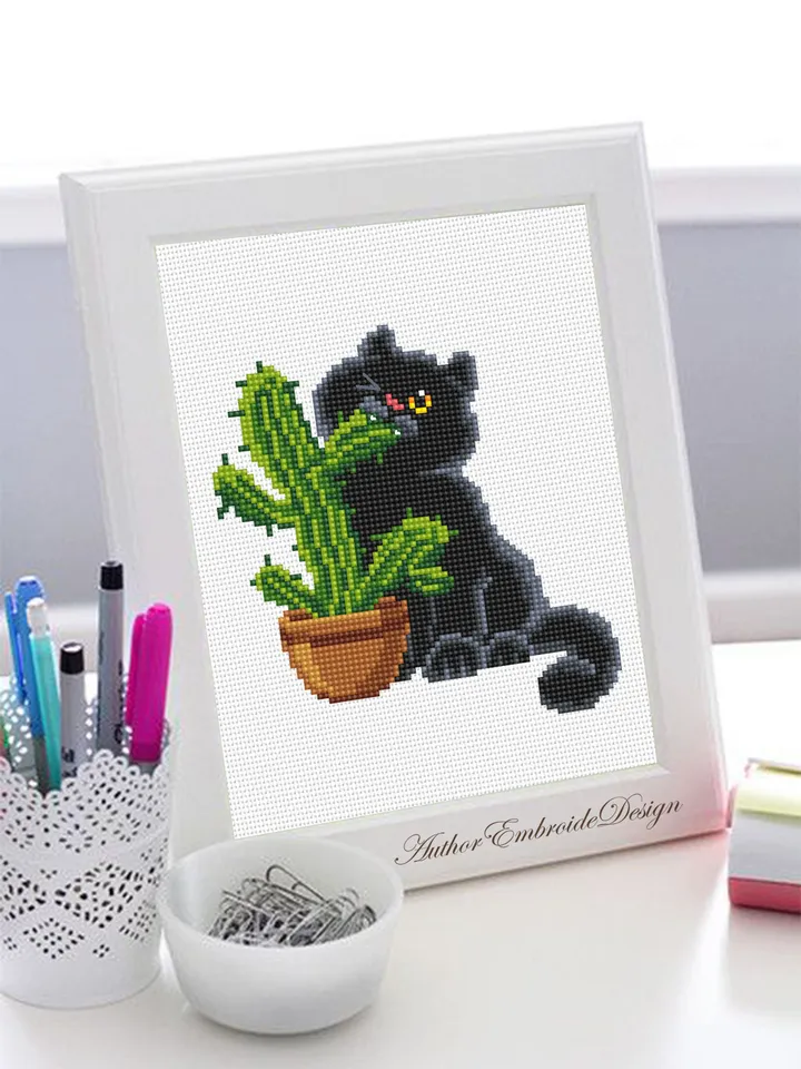 Black cat and cactus cross stitch pattern PDF download Funny cat cross stitch chart, Cactus pattern digital PDF, Plant lover gift #K47