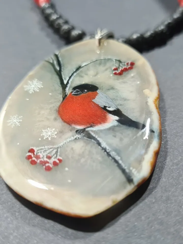 Bullfinch on a rowan branch necklace Hand painted Christmas Gift Wrapping