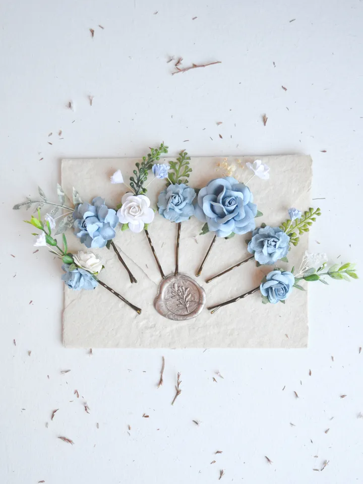 Dusty blue set of 5 pcs/7 pcs/12 pcs bobby pins, Wedding hair accessories, Bridal hair pins, Flower accessories