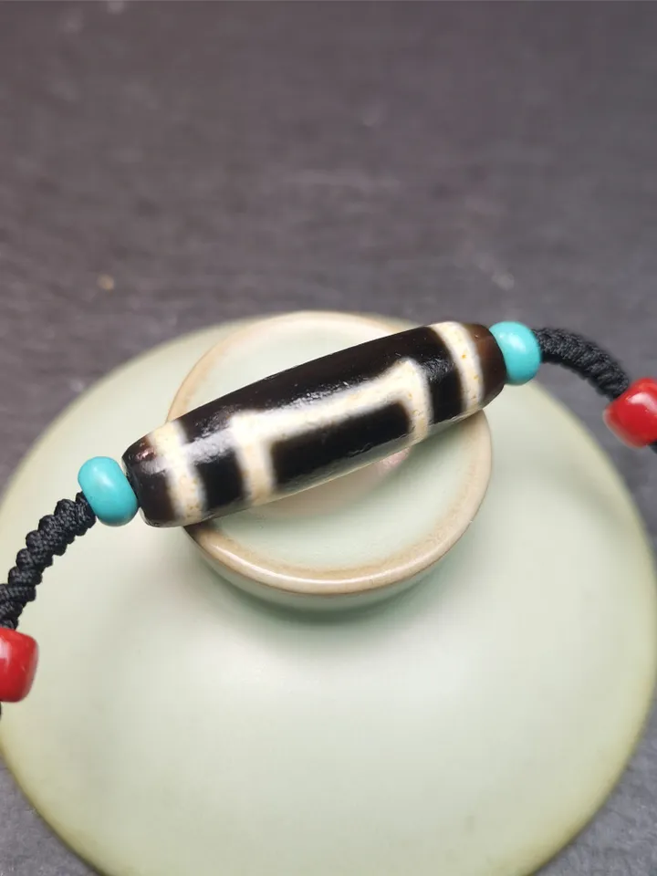 Gandhanra Antique Tibetan Sky & Earth Dzi Bead Necklace,1.38&quot; x 0.4&quot;,30 Years Old