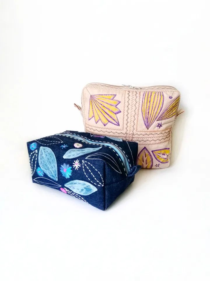 Hand Embroidered Large Cosmetic Bags: Handmade Denim Pouches with Zipper - Unique Embroidered Fabric Women's Beauty Bags. FREE SHIPPING!