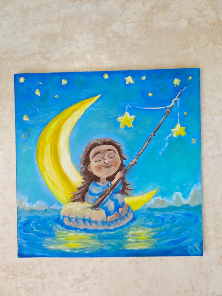 Girl Original Painting Funny Girl Art Doll Moon Original Artwork Funny Doll Wall Decor Cute Girl Original Art Girl Room Wall Decor Cartoon Girl Oil Painting 8 x 8 inches by OlgaSokolovaArt