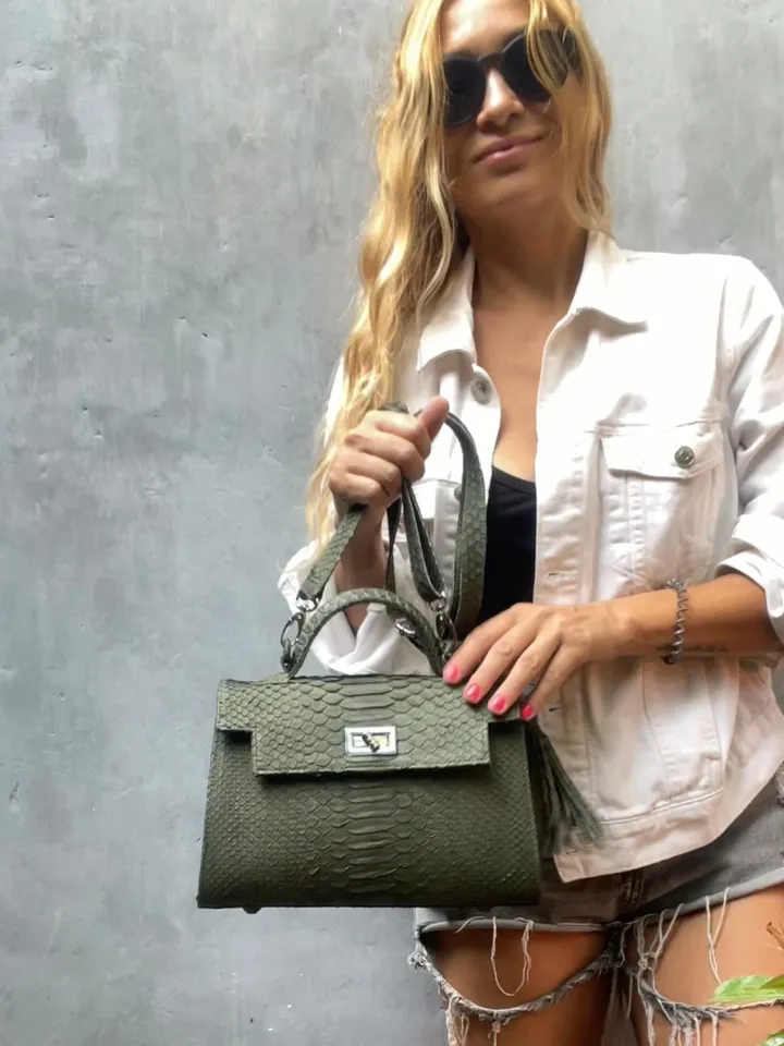 Top handle green khaki classy IDA genuine python skin bag | exotic leather bags | Elegant everyday women purse | snakeskin bag| designer bag