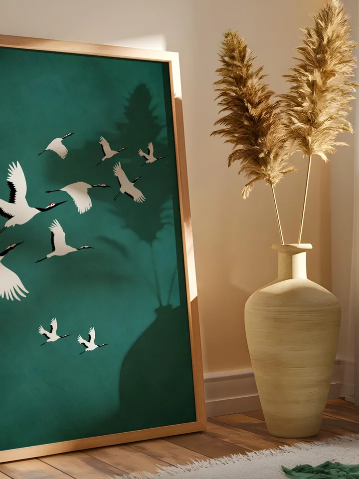 Emerald Cranes Wall Art Digital Print Japanese Style Gold Accent Bird Poster Maximalist Green Decor Eclectic living Room Artwork Gift poster