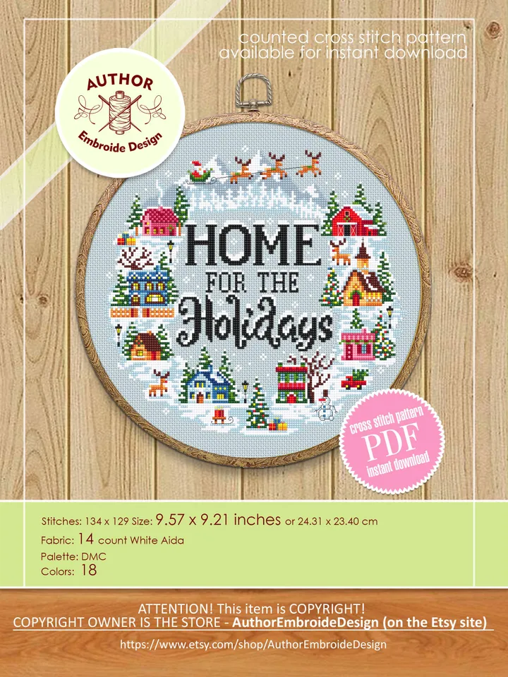 Christmas houses cross stitch pattern PDF download Home for the holidays, Winter landscape cross stitch, Christmas pattern digital PDF #N188