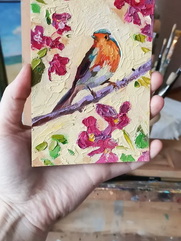 Robin Painting 油畫原作 Oil Bird 手工油畫 油畫 Original Art Animal Artwork 掛畫 by Verafe