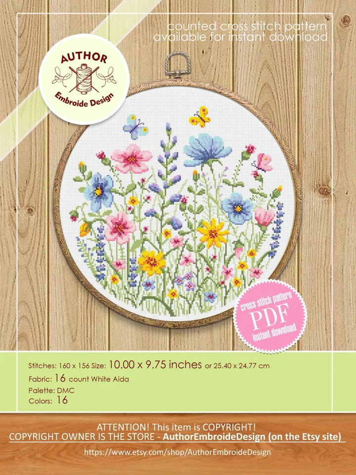 Wildflowers cross stitch pattern PDF download Watercolor flowers cross stitch chart, Wild flowers pattern digital PDF, Flower meadow #P52