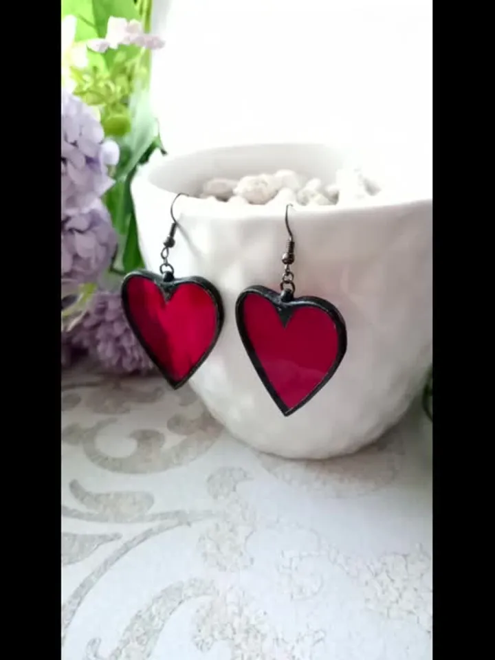 Heart stained glass earrings for Valentine day, valentines kawaii earrings