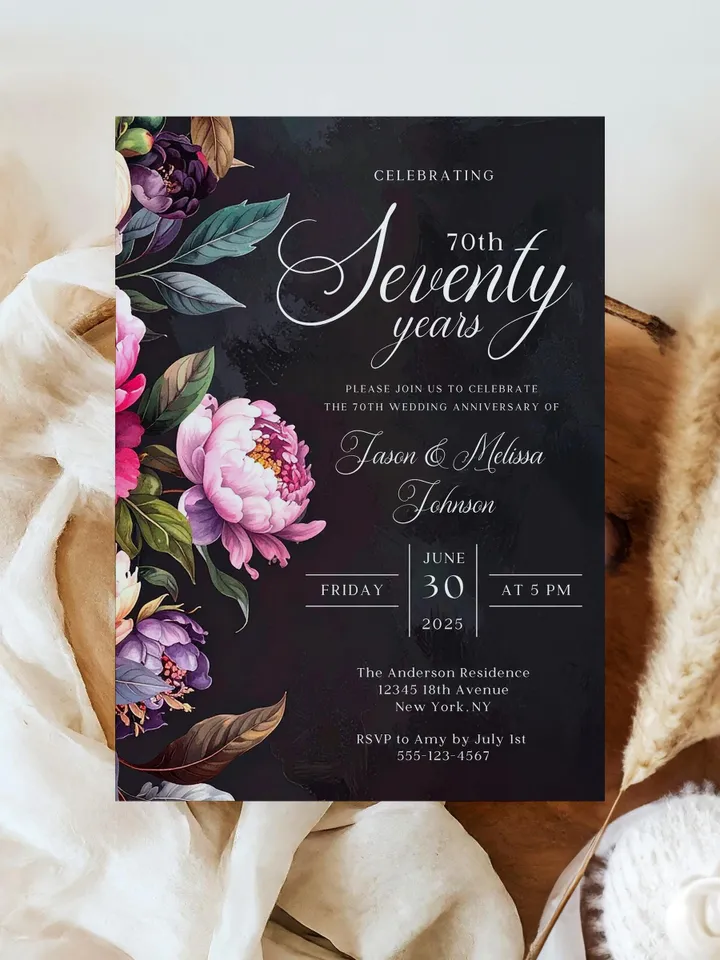 70th Anniversary Party Invitation, 60th, 50th, 40th, 30th, Moody Burgundy & Blush Peony Floral Canva Template 5x7 birthday evite