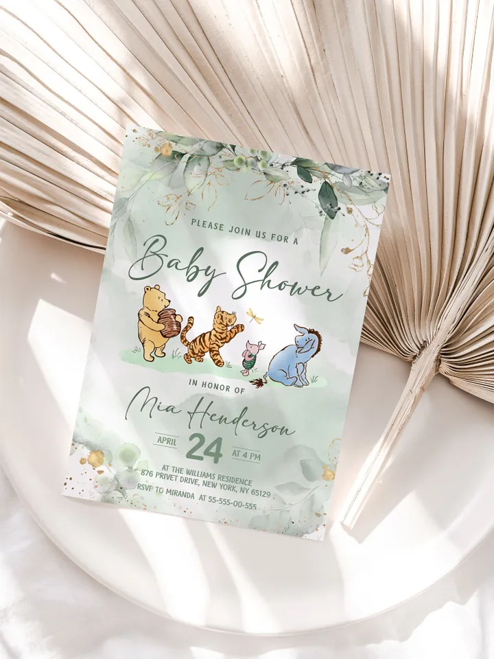 Classic Winnie Pooh Baby Shower Invitation; Pooh Baby Shower Editable Template; Greenery Floral Baby Shower; Baby Shower trend of 2023