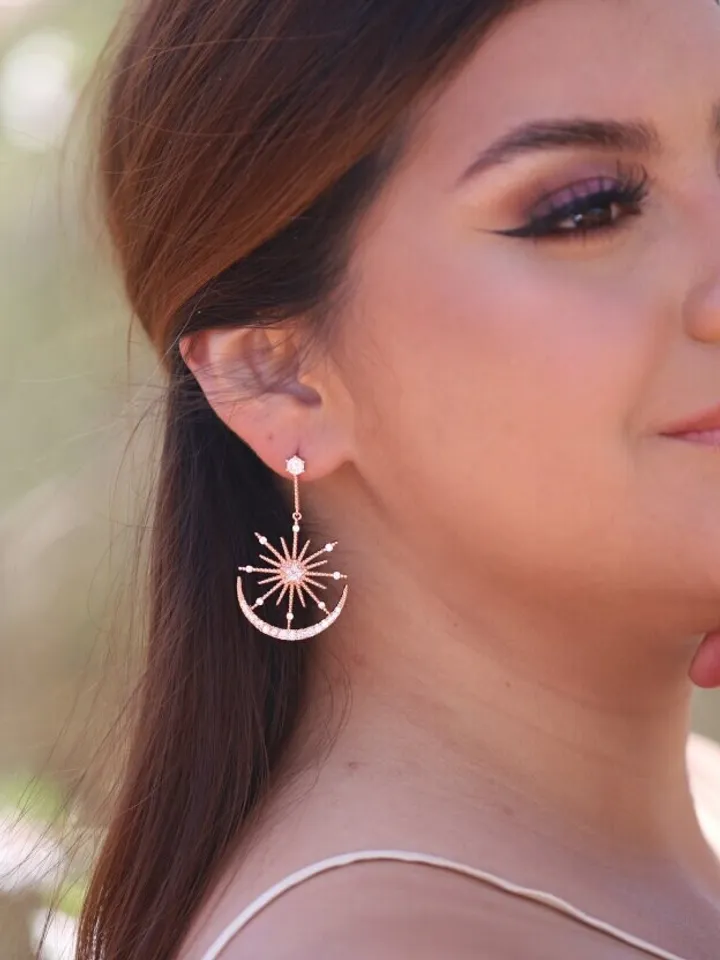 Big Size, Rose Gold Star and Moon Swarovski Wedding Earrings, Rose Gold Chandelier Statement Bridal Earrings, Celestial Boho Wedding Jewelry