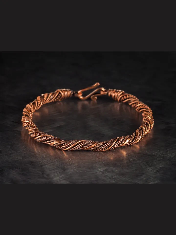Unique wire wrapped narrow copper bracelet Healing handcrafted art jewelry for husband or wife 7th 22nd Wedding Anniversary gift idea Unique pure copper wire wrapped jewelry Antique style Handmade statement artisan jewellery Healing copper therapy bracele