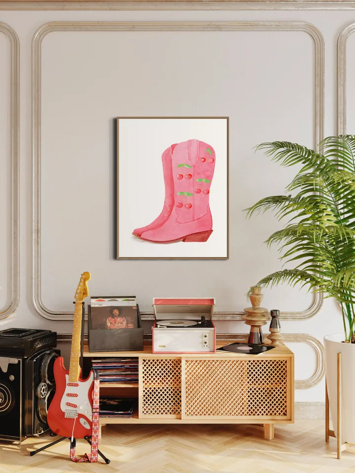 Pink Cowgirl Boots, Preppy Wall Art, Western Home Decor, Retro Girly Wall Art, College Dorm Decor, Gift For Her, Trendy Wall Art, Pink Print