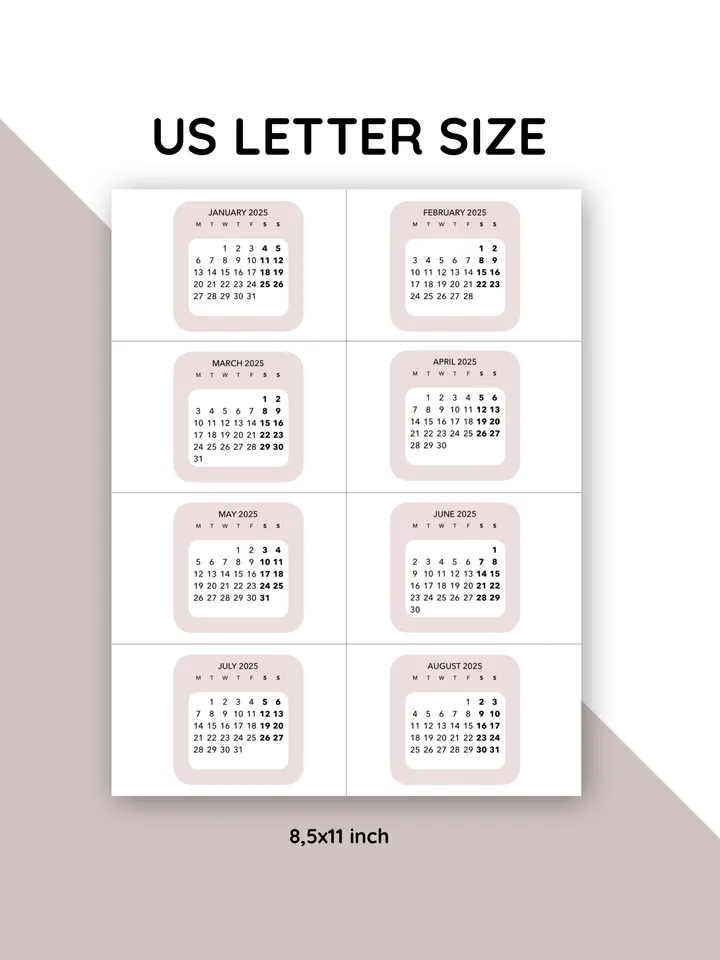 Digital monthly calendar 2025 sticker. Planner journal sticker. Student sticker calendar. 12 month sticker calendar. Monday week start