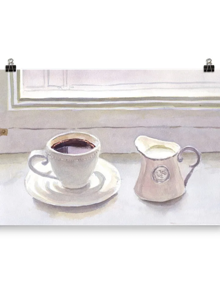 Coffee Still Life, Watercolor Painting, Cafe Art, Breakfast Still Life, Coffee Illustration, Kitchen Wall Art, Moody Still Life, Modern Art