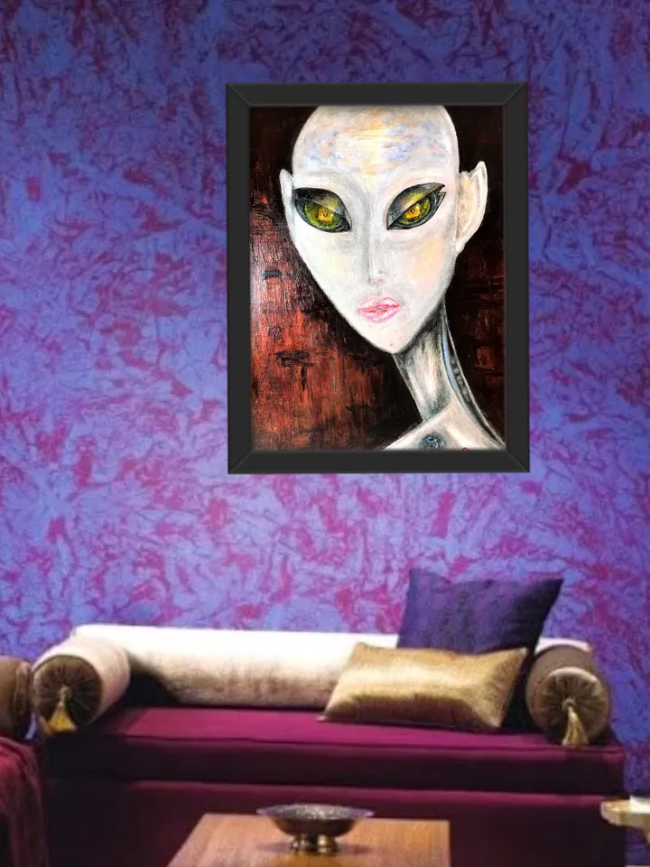 Alien painting on canvas,Alien portrait acrylic mix media painting.