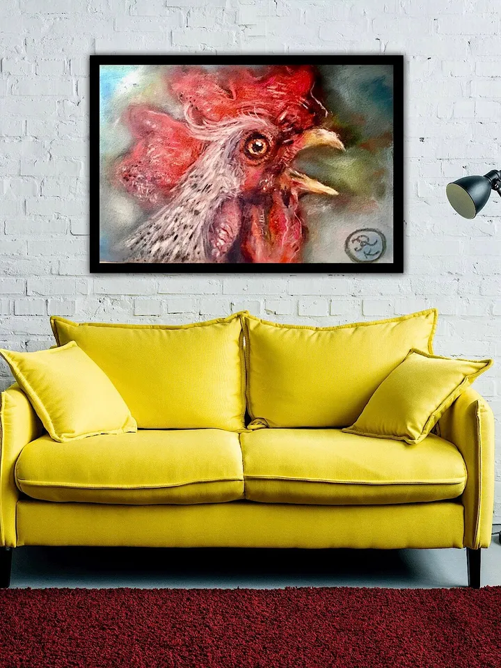 Red rooster original soft pastel painting on cardboard,funny animals pastel art,small painting gift,kitchen wall decoration.
