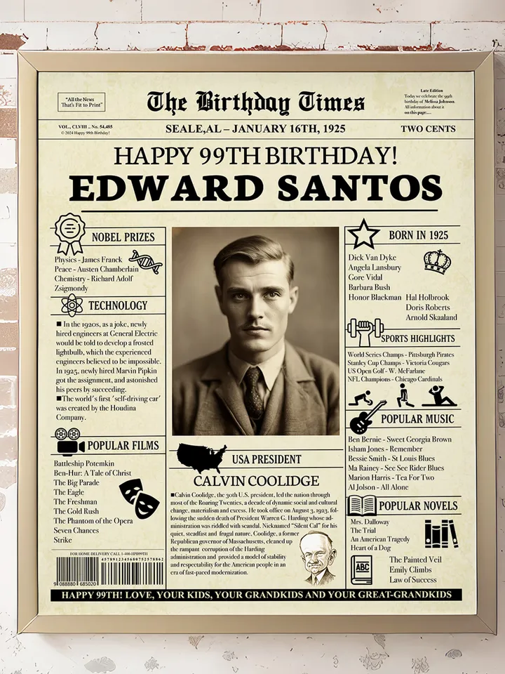 99th birthday gift for her, 99th birthday newspaper poster, 1925 birthday poster, grandma birthday gift, birthday gift for grandma