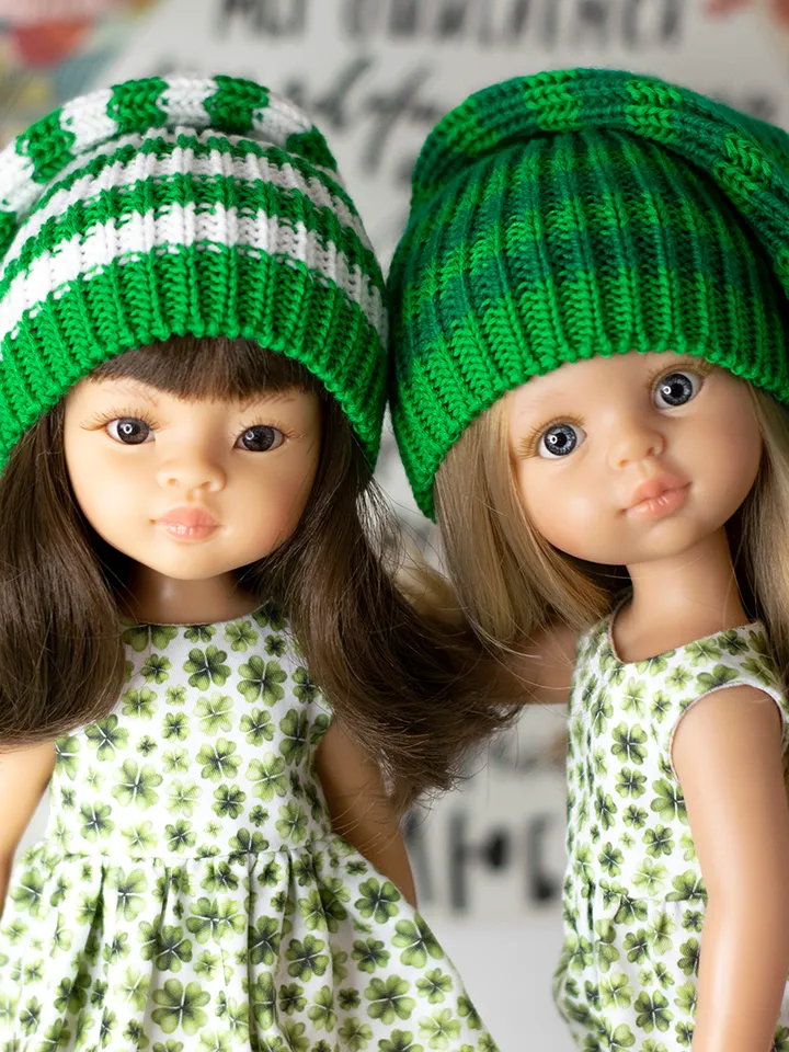 Striped green elf hat for Paola Reina doll, Meadowdolls Dumplings, Little Darling, Siblies RRFF for St Patrick's Day