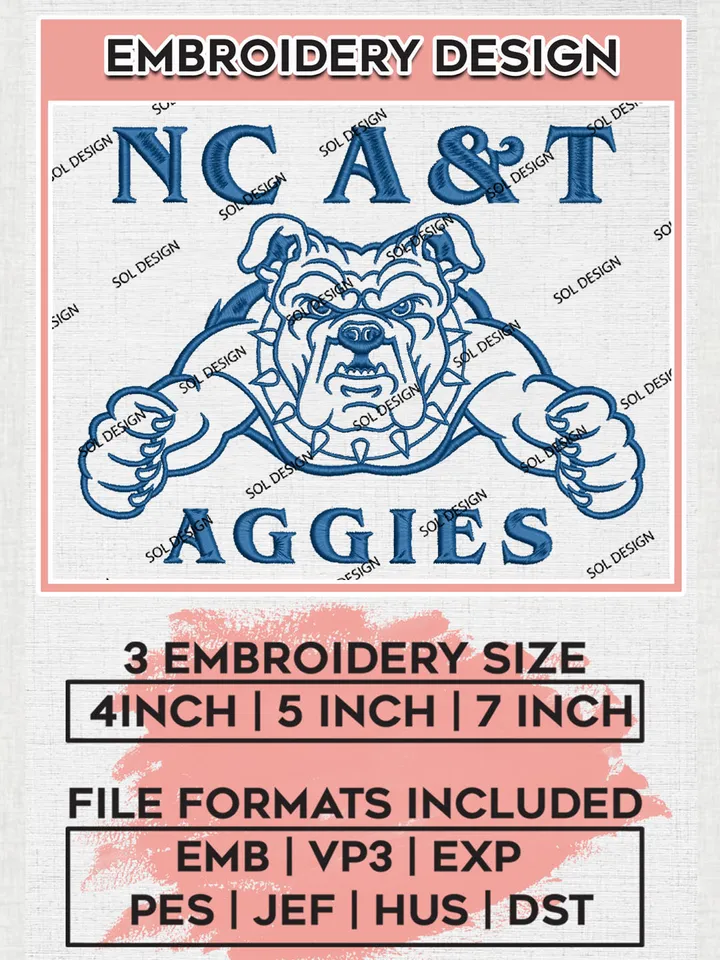 NCAA NC A&T Aggies Team Mascot Logo Embroidery Design Files, NCAA North Carolina A&T Aggies Machine Embroidery, NCAA Teams, Game Day, 3 sizes, NCAA Machine embroidery designs, Digital Download