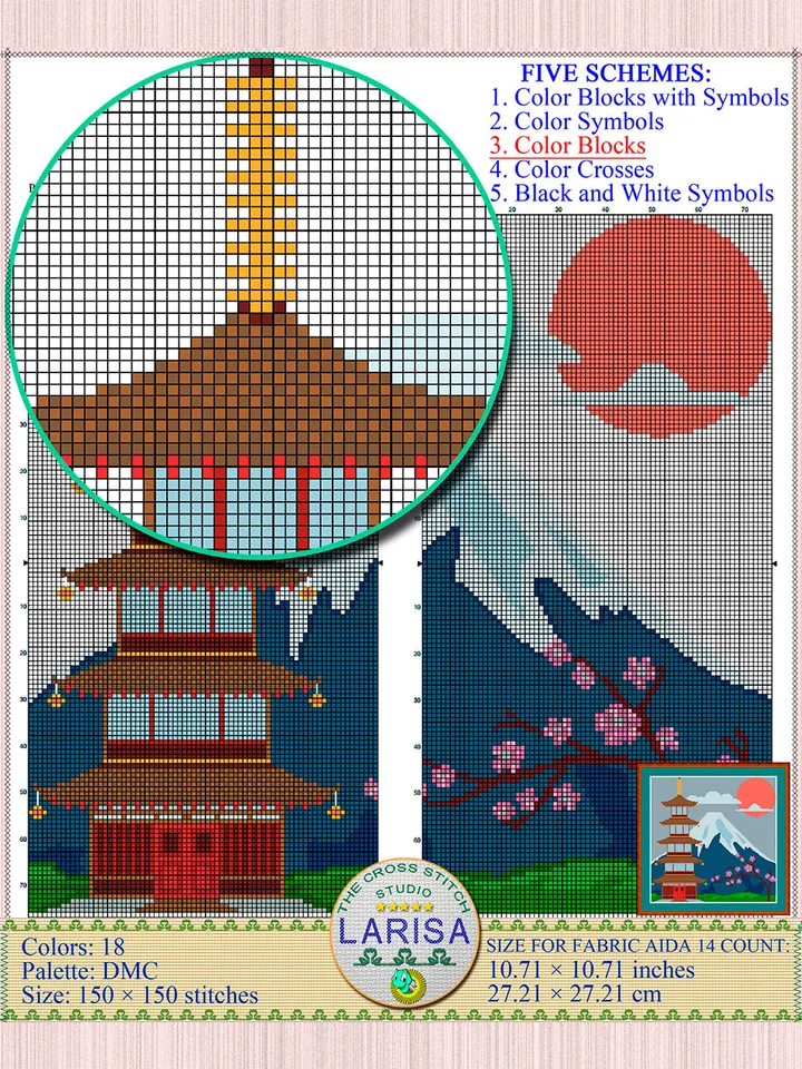 Pagoda Cross Stitch Pattern | Mount Fuji