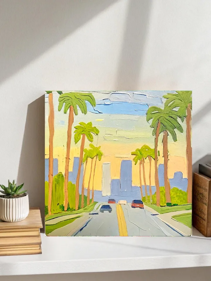 Los Angeles Painting Street Original Art Impasto Scene Sunset Boulevard Impressionist Oil Painting Palm Trees Car Cityscape Art Gift