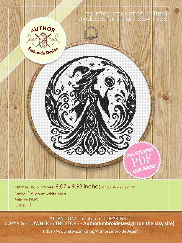 Halloween witch cross stitch pattern PDF download Mystical cross stitch chart, Monochrome magic pattern digital PDF Witchy crystal ball #H79