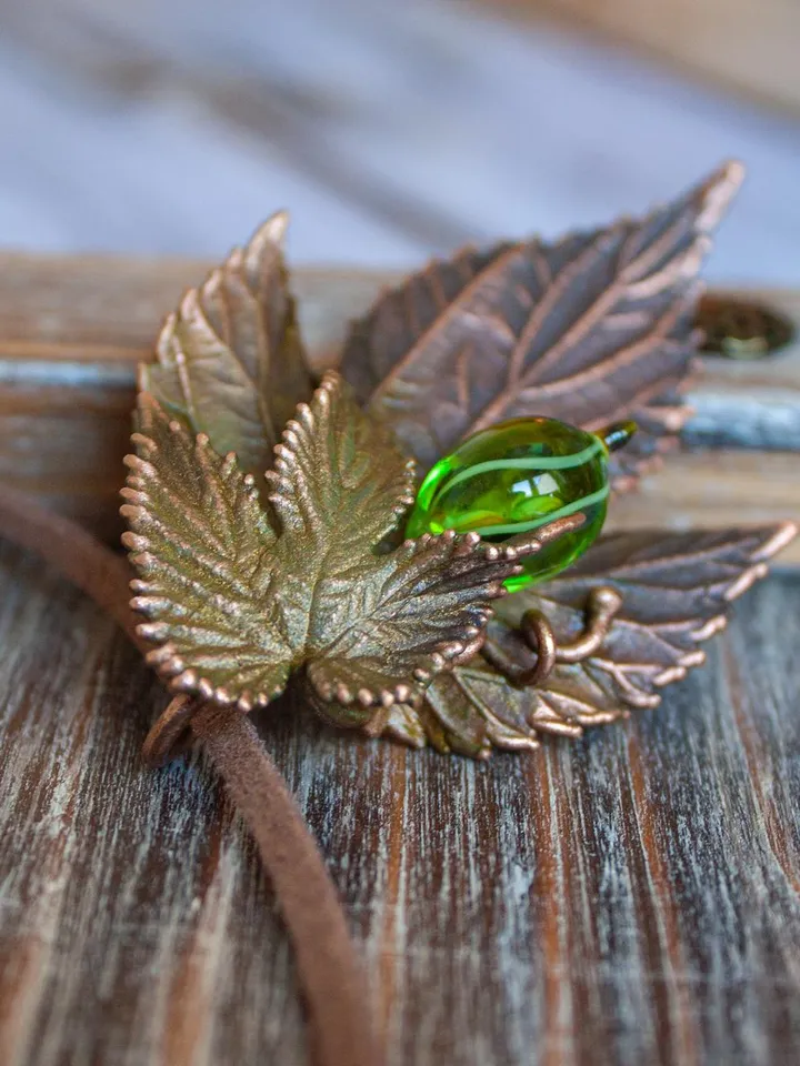 Unique handmade copper pendant made of nature leaves in a single copy, original gift