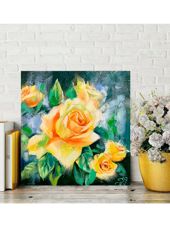 Oil Painting with Yellow Roses, Miniature Wall Art, Anniversary Gift