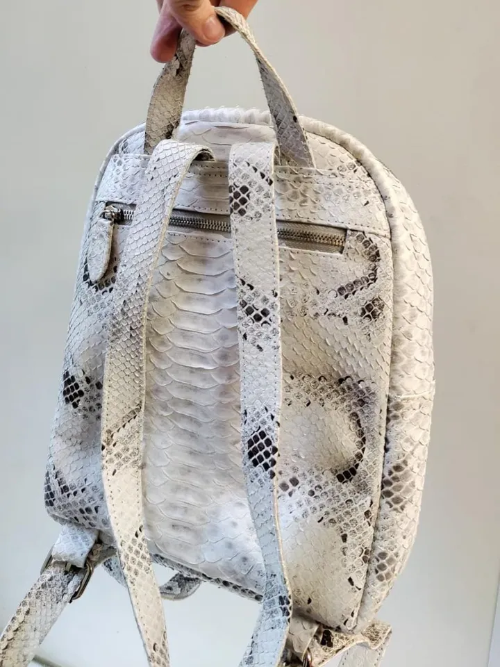 Genuine python skin white backpack | designer women bags | exotic leather purse | trendy casual snakeprint bleached backpack with pockets |