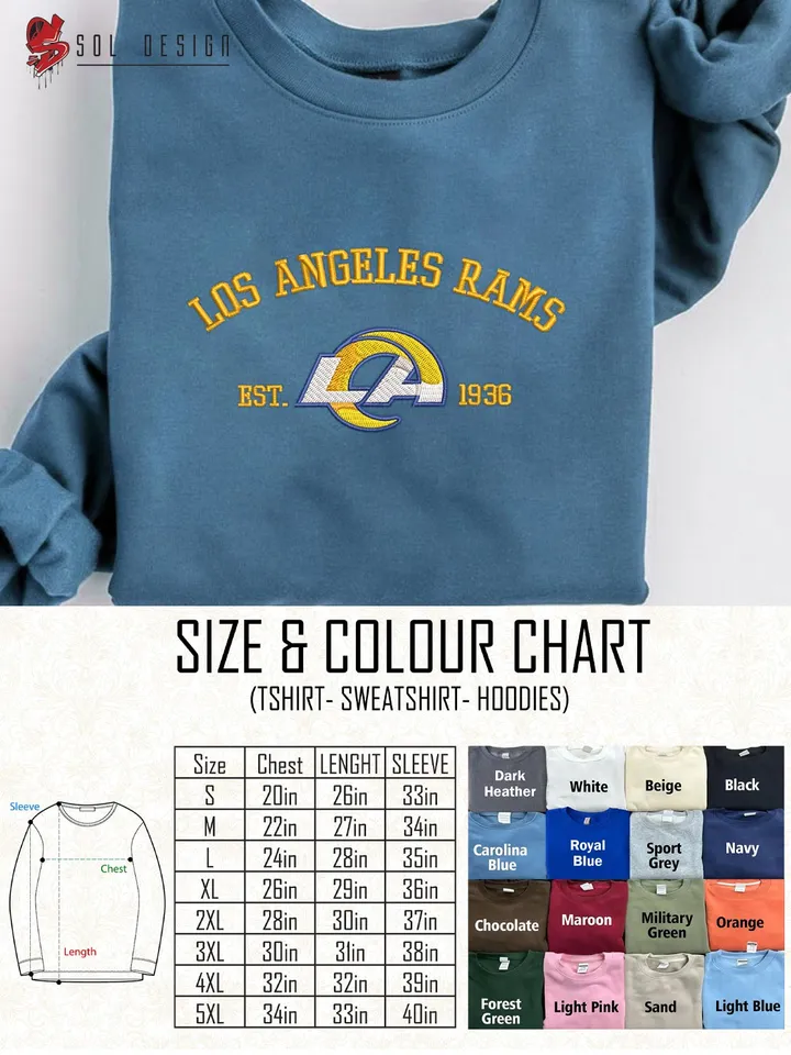 NFL Los Angeles Rams Est 1936 Embroidered Sweatshirt, NFL Los Angeles Rams Team Embroidered Shirt, Unisex Game Day Crewneck, Football Fan Gift Tee