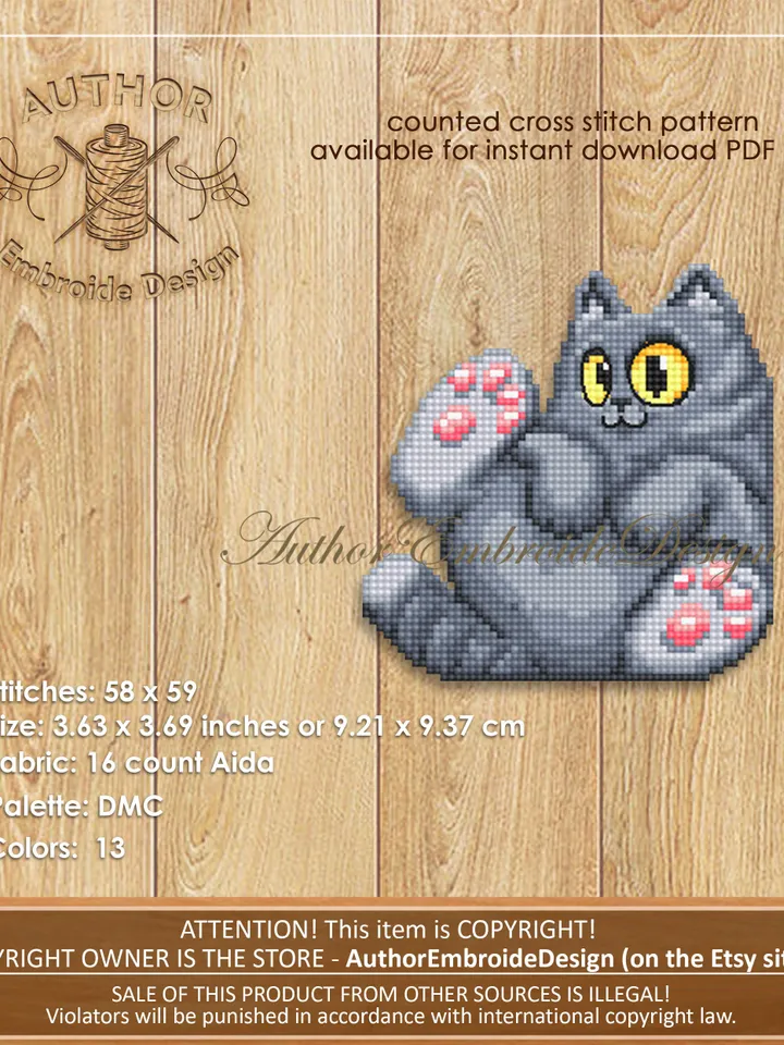 Gray cat corner bookmark cross stitch pattern download PDF Cat cross stitch chart, Cat bookmark digital pattern PDF, Cat lover gift #B269