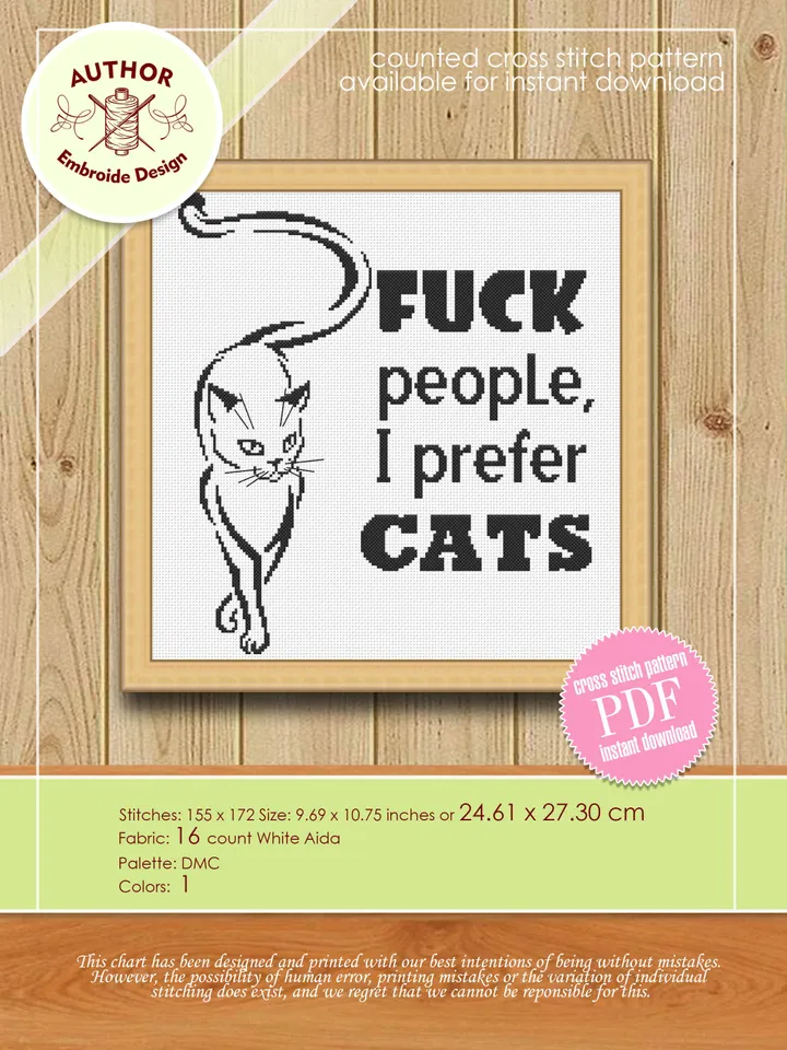 Cat quotes cross stitch pattern download PDF, Fuck people I prefer cats, Black cat silhouette cross stitch chart, Easy beginner stitch #Q15