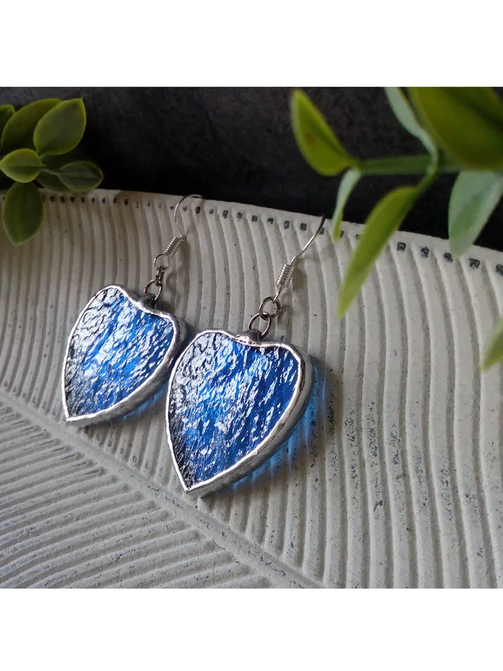 Blue HEART earrings, Stained glass earrings, st Valentine heart earrings, kawaii earrings, Love earrings, Romantic gift