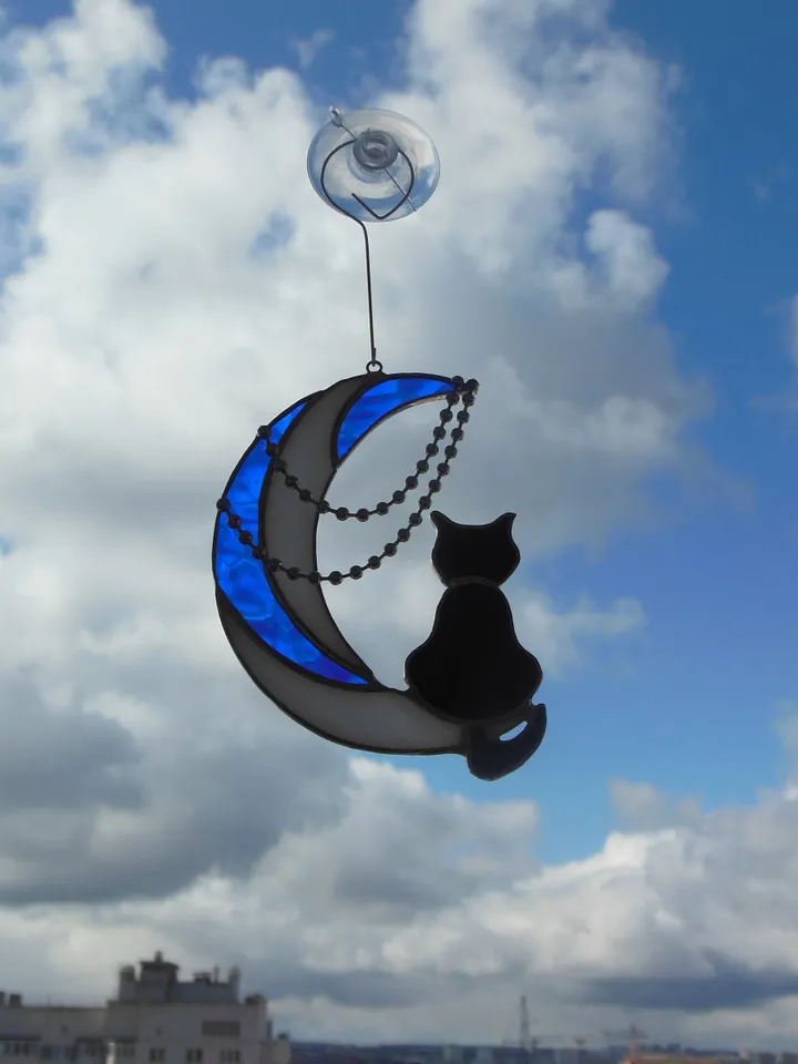 Black Cat On Moon with Chains . Art stained glass hanging Suncatcher . Gift for animal lover , pet loss memorial White , blue and black