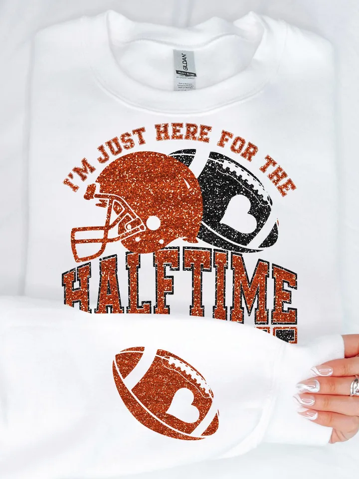 Just Here For Halftime Show Sparkly Faux Sequins Superbowl Png, Game Day Shirt Design, Trendy Superbowl Png, Orange Black Football PNG