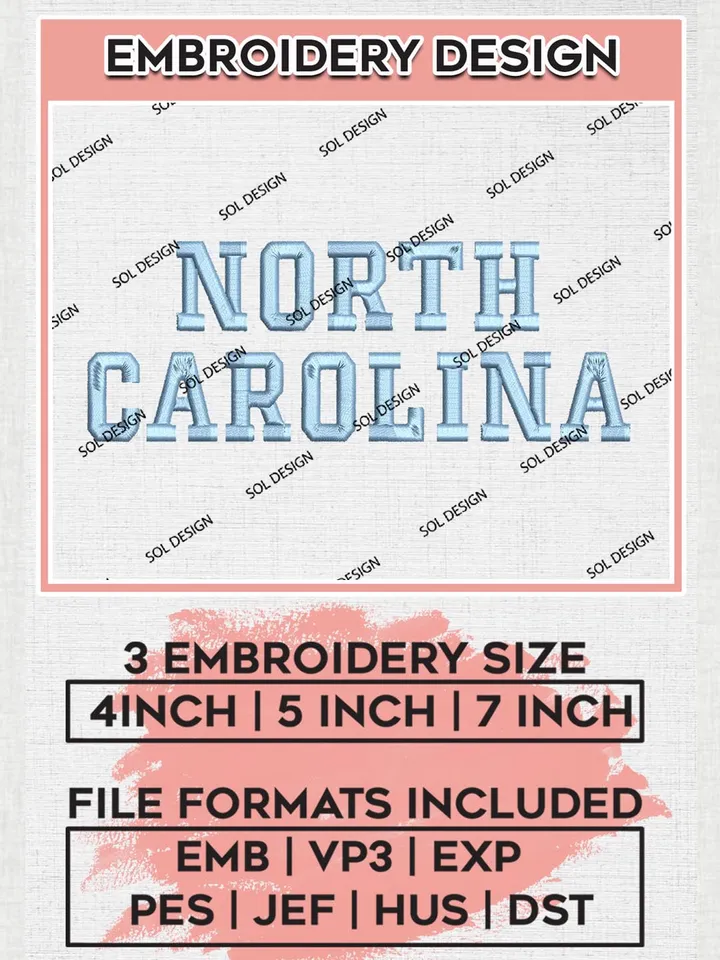 NCAA North Carolina Team Writing Logo Embroidery Design Files, NCAA North Carolina Tar Heels Machine Embroidery, NCAA Teams, 3 sizes, NCAA Machine embroidery designs, Digital Download