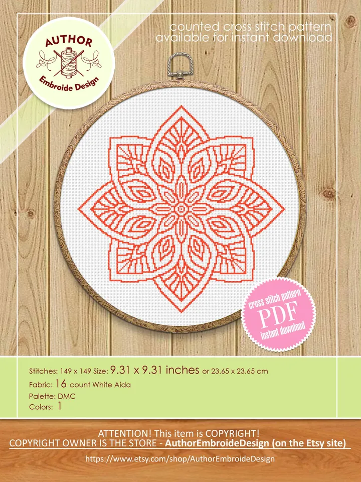 Mandala cross stitch pattern download PDF Floral ornament cross stitch chart, Monochrome cross stitch, Easy mandala ornament embroidery #M28