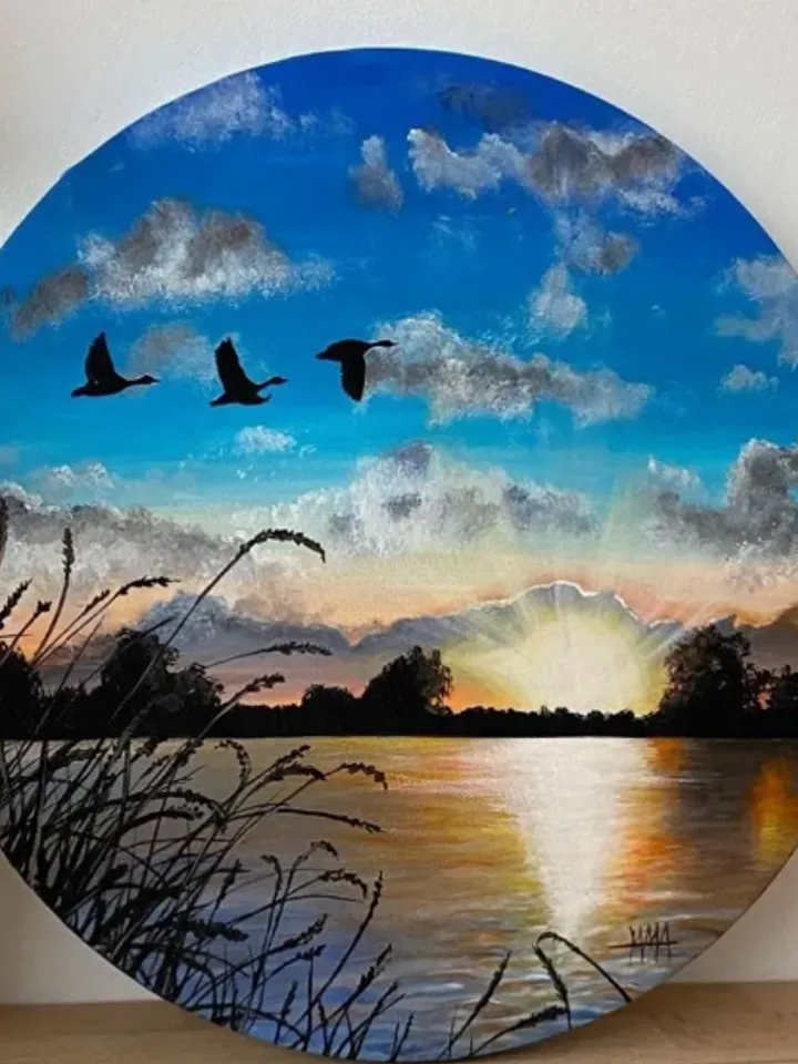 Painting “Evening Lake”, acrylic, size 40 x 40 cm
