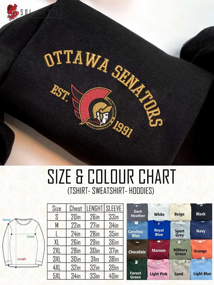 Ottawa Senators Est 1991 Embroidered Sweatshirt, NHL Team Embroidered Sweater, NHL Ottawa Senators Shirt, Hockey Team Embroidered Hoodie, Unisex Crewneck, NHL Hockey Team Fan Gift Tee