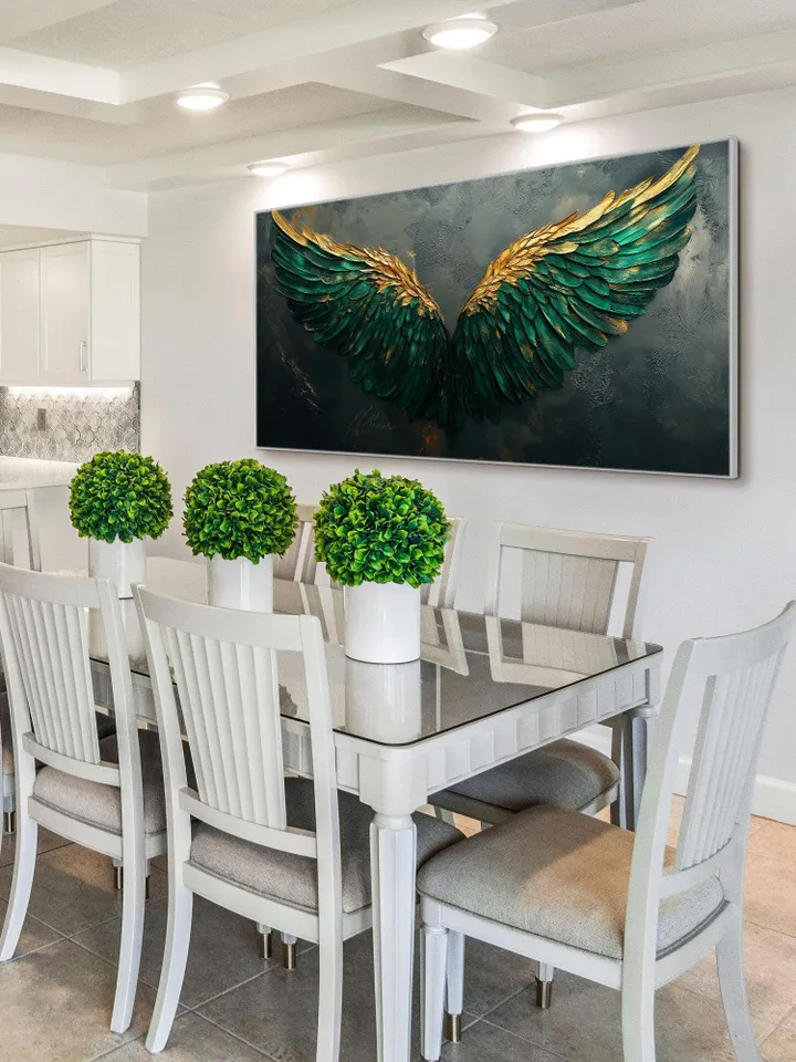 Large Emerald Green & Gold Angel Wings Impasto Painting, Textured 3D Wall Art, Original Abstract Art, Unique Home Decor, Office Wall Decor
