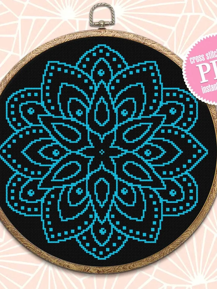 Simple mandala cross stitch pattern download PDF, Easy floral ornament beginners embroidery, Monochrome mandala ornament cross stitch #M94
